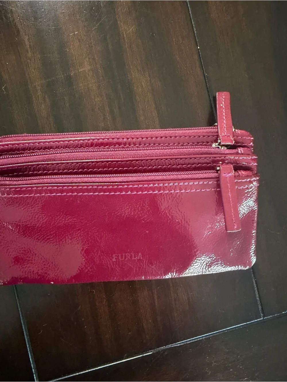 Furla Glossy Patent Zip Wallet in Deep Raspberry
